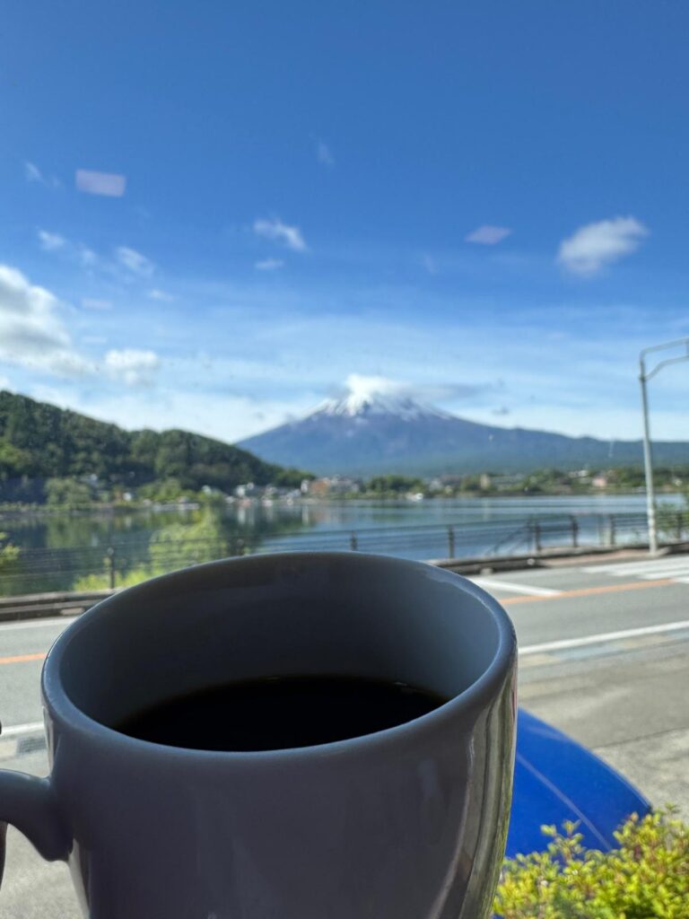 Coffee with Mount Fuji view from Tominoko Hotel Kawaguchiko
